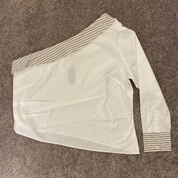 Express Women's Poplin Striped Collar One Shoulder Draped Top Size XL - NWT $68 - Picture 5 of 16